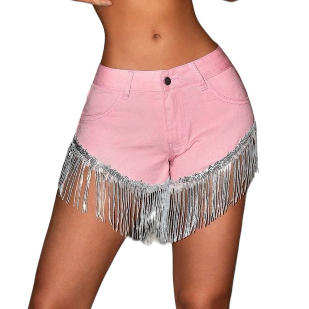 Women's Fashion Denim Shorts With Rhinestone And Tassel Decor